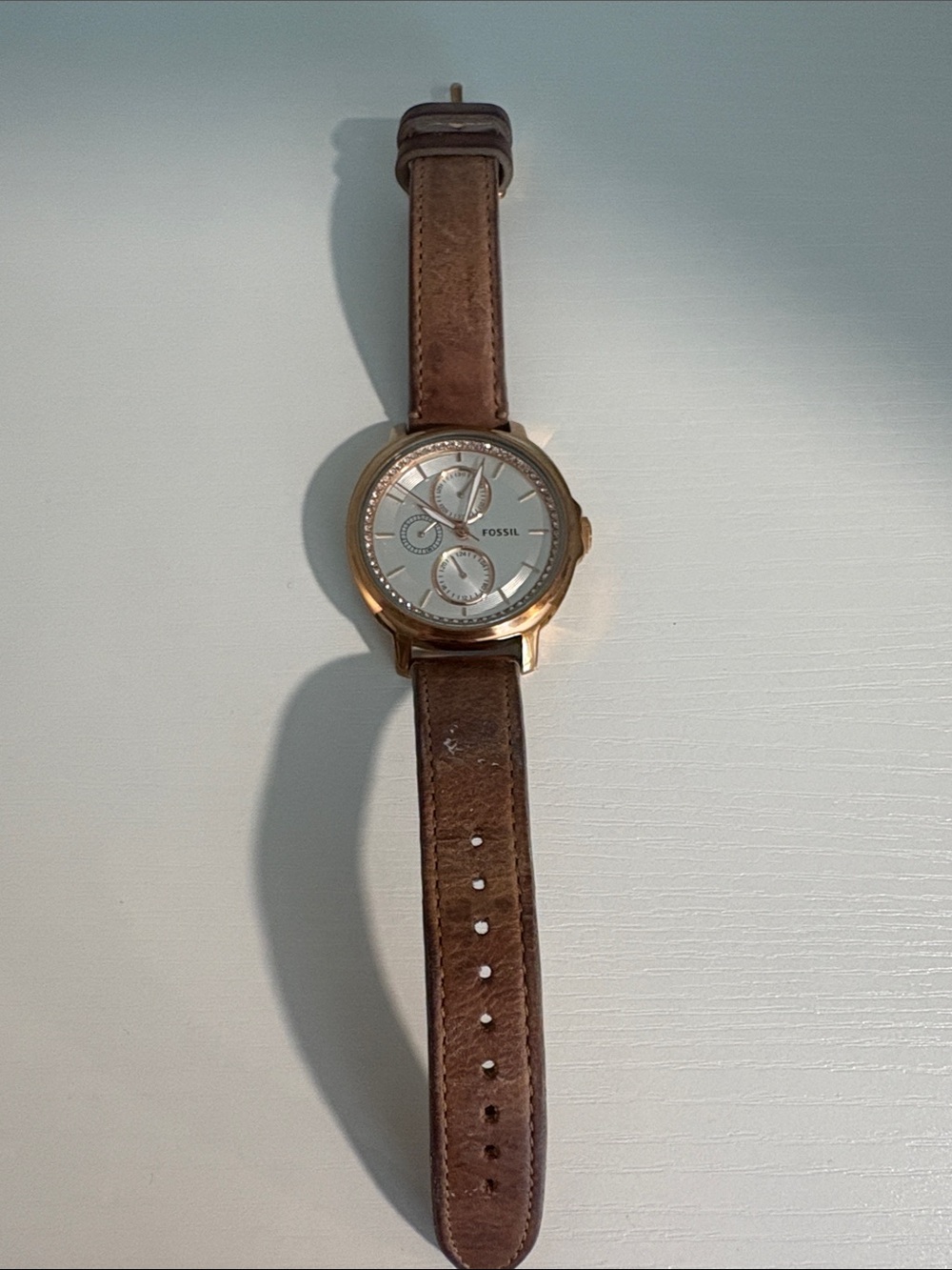 Fossil Rose Gold Case Silver Dial Brown Leather Strap Watch